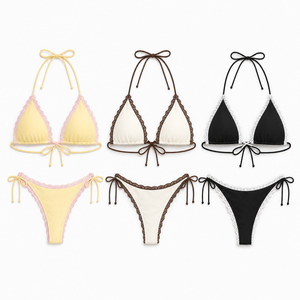 Conjunto de bikini triangular para mujer con encaje, traje de baño halter de 2 piezas, ropa de playa con cordón ajustable - Product Image 1