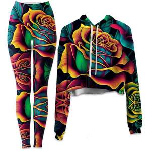 Dark Path Crop Hoodie e Leggings Combo stampa floreale personalizzata <span class=keywords><strong>da</strong></span> donna con cappuccio Leggings Yoga Dropshipping all'ingrosso felpe con cappuccio - Product Image 4