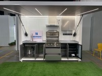 Cuisine extérieure modulaire en acier inoxydable, station de cuisson complète avec barbecue 4 brûleurs, évier, réfrigérateur et auvent