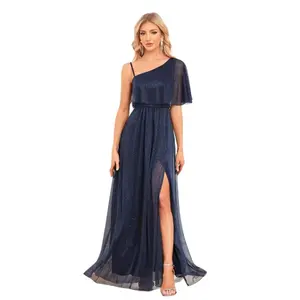 Europe and America New Women's Single Shoulder Short Sleeve Side Slit Evening Gown A-line Sparkling Long Party Ball Dresses