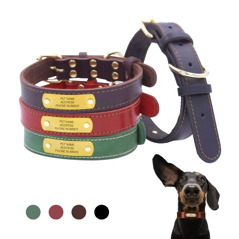 genuine leather dog collar with nameplate custom engraved ID Name Tag Pet Dog Collars