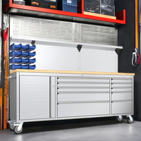 Chariot à outils robuste en acier inoxydable de 84 pouces avec 10 tiroirs et 1 armoire, plan de travail en bois, chariot à outils roulant pour garage