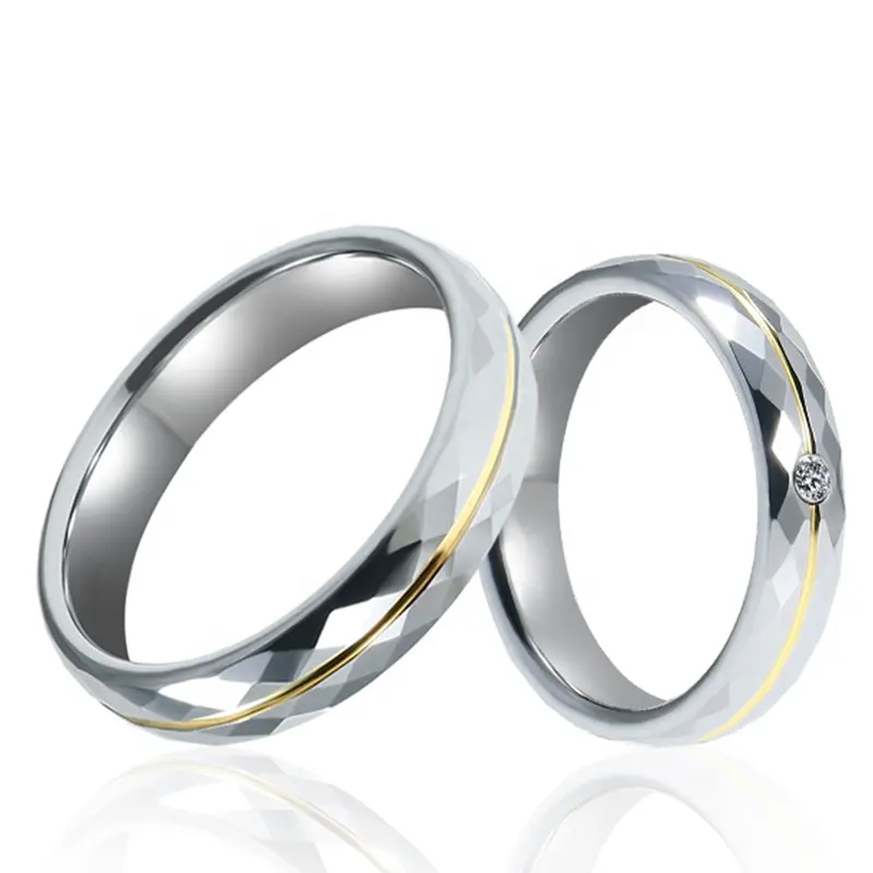 カップルシルバーカラー結婚指輪タングステン鋼サイズ4-13バンドセットクリスタルシャインエンゲージメントリング
