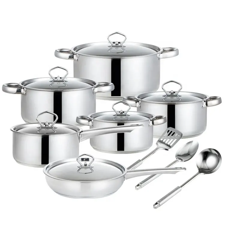 Bán buôn 15 cái thép không gỉ capsulated dày đồ dùng nhà bếp không dính nấu ăn chảo và chậu không dính Cookware Set