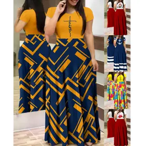 Gaun Maxi motif kasual untuk wanita, gaun pesta panjang kerah bulat lengan pendek berkerut ketat pinggang tinggi CYY8888-9, gaun Maxi motif tulisan untuk wanita