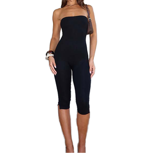 Mono sin tirantes de cintura alta para mujer, negro liso, largo a media pantorrilla, control de abdomen, sin mangas, para primavera y verano - Product Image 1