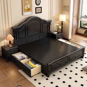 Cama Doble de Madera Maciza Estilo Americano 1500x2000mm 1800x2000mm con Almacenamiento, Muebles para Dormitorio Principal, Madera de Caucho M9128 - Product Image 3