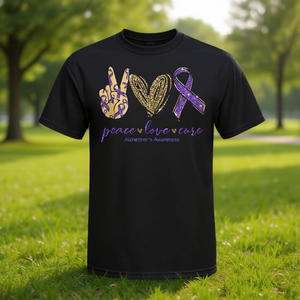 T-shirt noir unisexe pour adultes, Peace Love Cure Alzheimer's Awareness - Product Image 3
