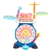 Игрушечный барабан для малышей, рабочий микрофон, подсветка, регулируемый звук, бас-педаль, палочки, Маленький стул для малышей, малышей, детей