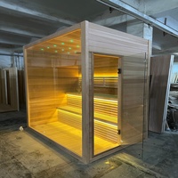 Salle de sauna finlandaise traditionnelle avec bois de pruche moderne et chauffe-eau à pierres pour une expérience spa