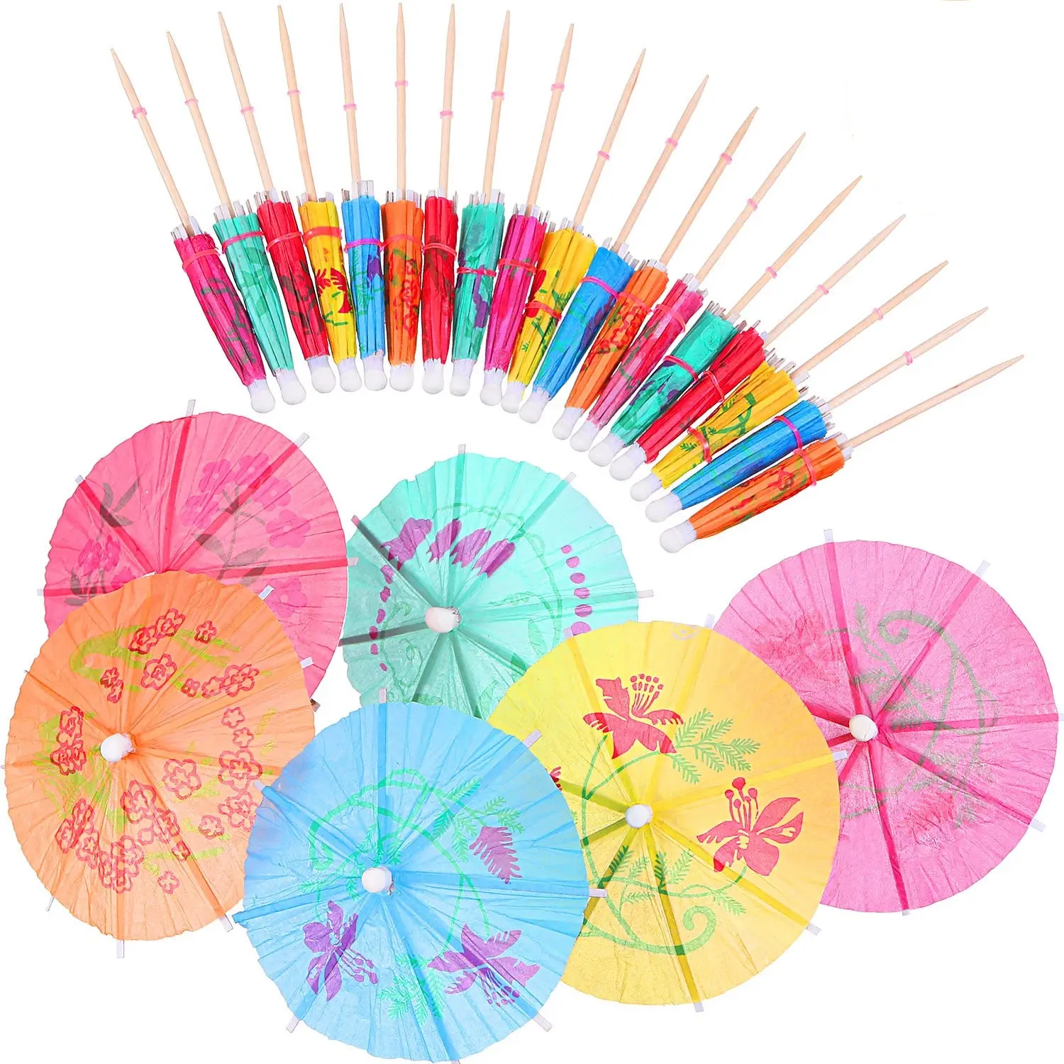 Multi Color Drink Umbrellas Wooden Picks Parasols Assorted Umbrella Parasol Paper Cupcake Toppers