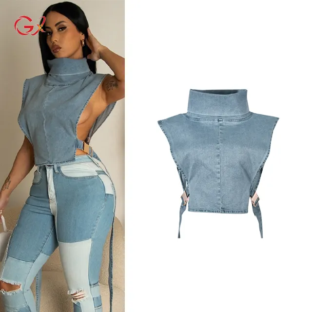 GX9189 Fashion New Sleeveless Side Hollow Out Blouse Ladies Jeans Tops Solid Color Turtleneck Causal Denim Vest Women