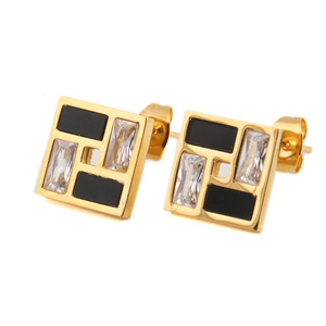 Geometric Square <b>Stud</b> <b>Earrings</b> Gold Tone Zirconia Inlay Bezel Setting Fashion Jewelry - Product Image 3