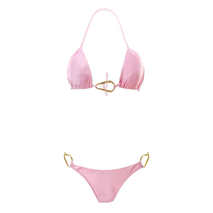 Set Bikini HDJ Rosa con Dettaglio Anello Dorato Taglie 44 46 48 50 Costume da Bagno Donna Slip a Perizoma in Spandex Nylon Elasticizzato Tinta Unita - Product Image 4