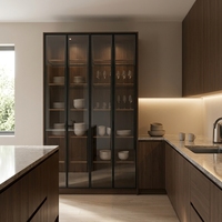 Lemari Kabinet Dapur Modern dengan Panel Pintu Kaca dan Lampu Sensor LED, Rak Penyimpanan dan Pajangan untuk Villa, Apartemen, Ruang Makan