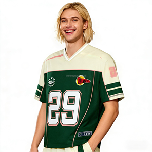 เสื้อยืดผู้ชายทรงปกติ สไตล์เรโทร ลายพิมพ์อเมริกัน ผ้าเจอร์ซีย์ แขนสั้น ทรงสี่เหลี่ยม ตาข่าย ระบายอากาศ สวมใส่สบาย สไตล์สตรีท สปอร์ต ฟุตบอล 100% - Product Image 2