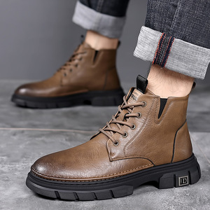 Martin Boots Men <b>Ankle</b> High Genuine Leather Round Toe Warm Plush Lining Rubber Outsole Winter Snow Boots Anti Slip Soft Sole - Product Image 2