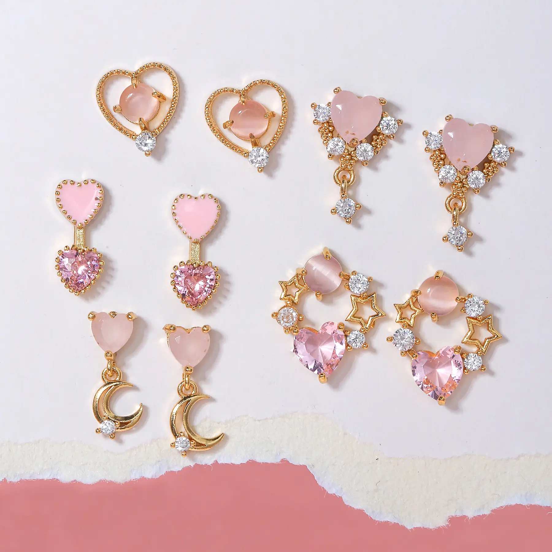 Sweet Y2K Pink Heart Zircon Earring Fashion 18K Gold Plated Star Moon Crystal Rhinestone Heart Earrings Girls Jewelry