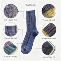 Chaussettes en coton pour hommes, style vintage, tricotées en câble, avec logo personnalisé OEM, motif jacquard côtelé rétro