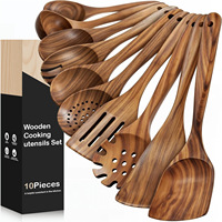 Ensemble d'ustensiles de cuisine en bois de teck antiadhésifs et résistants à la chaleur, 10 pièces, pour best-sellers : spatule, cuillère de cuisson, louche à frire, ensemble de cuillères en bois