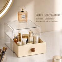 Organisateur de bureau à tiroir unique en PET transparent, boîte de rangement empilable A4, dessus côtelé crème, pour vanité et bureau, OEM ODM
