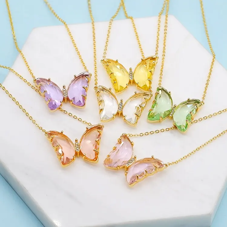 Korean Cute Multicolor Glass Women Clavicle Chain Butterfly Crystal Necklace