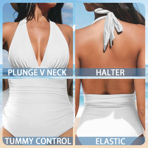 Traje de baño de una pieza con patrón tribal polinesio Hawaiano Bikini estampado personalizado Control de barriga Halter cuello en V trajes de baño - Product Image 3
