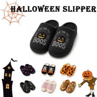 Mules d'intérieur pour femmes, modèle OEM/ODM, en peluche douce et moelleuse, avec motifs citrouille et fantôme d'Halloween, en TPR, thermiques et antidérapantes