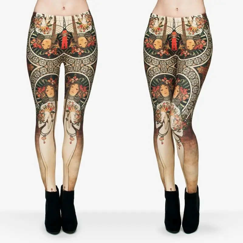 Women Alphons Mucha 3D Graphic Print Skinny Stretchy Yoga Pants Leggings 