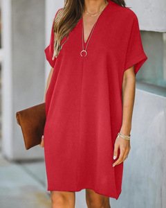 2024 décontracté Vintage noir t-shirt robe surdimensionné évasé à manches courtes col en <span class=keywords><strong>V</strong></span> solide t-shirt robes - Product Image 4