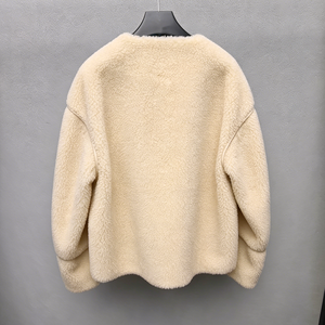 <span class=keywords><strong>Manteau</strong></span> court en laine Teddy pour <span class=keywords><strong>femme</strong></span>, <span class=keywords><strong>blanc</strong></span> crème, col rond, garniture en strass, boutons dorés en relief, vêtement d'extérieur ample pour l'hiver - Product Image 3