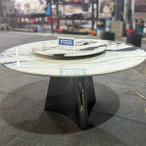 लक्जरी नई डिजाइन आधुनिक स्टेनलेस स्टील बेस किचन रोटेटेबल प्राकृतिक संगमरमर टेबल टॉप दो परतें गोल डाइनिंग टेबल सेट