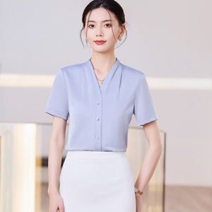 Women V-neck Short Sleeve Shirt White Solid Color Polyester Poplin Work Blouse Elegant Professional Office Wear - Product Image 2