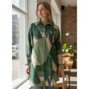 Chemise longue en viscose pour femmes grandes tailles, imprimé géométrique, vêtements modestes, style décontracté, tenue de tous les jours, fabriqué en Turquie - Product Image 1