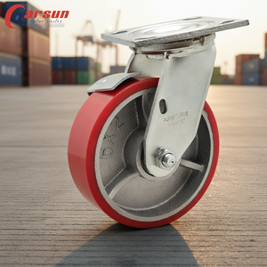Roue pivotante industrielle robuste de 6 pouces en PU rouge avec frein à pédale latéral et noyau en fonte pour chariot à roulettes - Product Image 3