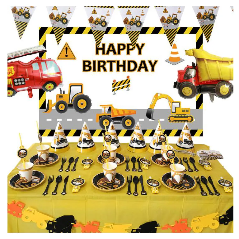 Construction Vehicles Excavator Party Decorations Paper Cup Plate dinnerware set Banners Kids Birthday Party Supplies