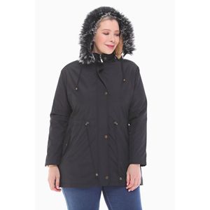 Parka corta negra para mujer con forro de piel y capucha de piel sintética - Product Image 2