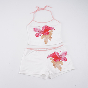 Conjunto de Top Halter con Estampado Floral y Shorts por Encima de la Rodilla, Estilo Vacacional, para Mujer, Verano - Product Image 2