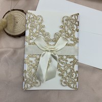 Carte d'invitation de mariage luxueuse à thème marin, en papier pailleté découpé au laser, motif floral fait main, avec ruban