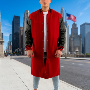 <b>Men's</b> Red Woolen <b>Long</b> Overcoat With Leather Sleeves Turn-down Collar Single Breasted Trench Style - Product Image 1