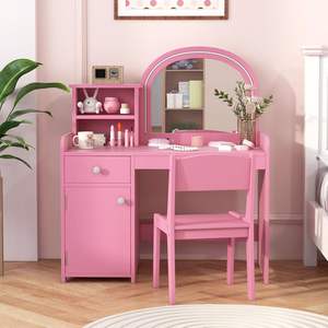 Kids Vanity with Lights, 2 in 1 Princess Makeup <strong>Desk</strong> &amp; Chair Set Cabinet Toddler Dressing Table Vanity Set for Little Girls - Product Image 1