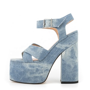 15CM High Chunky Heels Thick Platform Women's Denim Sandals Square Open Toe Cross Strap Girl Blue Summer <b>Shoes</b> - Product Image 3