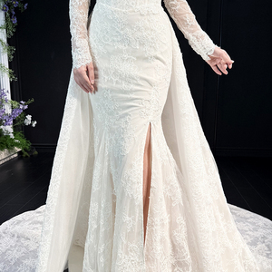 فستان زفاف حورية البحر أبيض من التول ودانتيل فرنسي بجودة فائقة مطرز باللؤلؤ بأكمام طويلة للعروس - Product Image 4