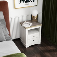 Table de chevet rustique en bois blanc antique de ferme Table d'appoint avec armoire de rangement à 2 tiroirs pour chambre à coucher