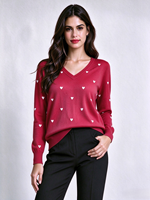 Pull-over à manches longues et col en V pour femme, motif à pois, jacquard, automne