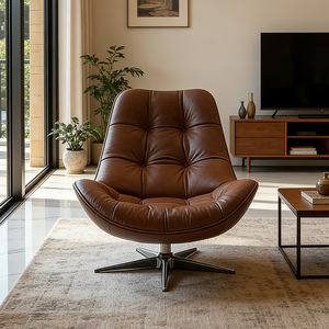 Sillón Giratorio Moderno de Cuero Marrón Estilo Italiano, Sillón de Diseño Ergonómico con Botones para Sala de Estar - Product Image 4