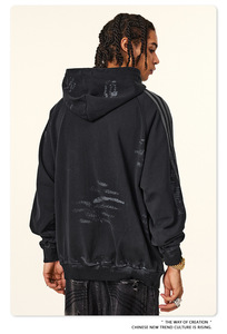 Sudadera de Invierno Negra de Alta Calidad, 100% Algodón, Estilo Desgastado, Gruesa, Ecológica, Resistente al Viento, con Logotipo Personalizado Estampado - Product Image 4