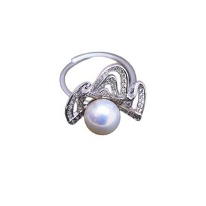Wenchi Handmade S925 Silver Freshwater Pearl Ring 9-10mm Round White Pearl Strong Light & Fine Flaws Ribbon Style for Women - Product Image 5