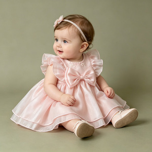 Vestito da Principessa in Raso Rosa per Bambina con Grande Fiocco, Maniche a Volant e Tutu, Abito Formale per Compleanno, Matrimonio e Feste - Product Image 1