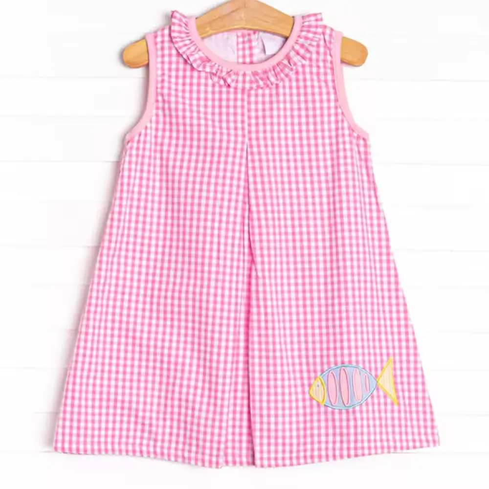 Vestido de verão infantil rosa com cauda de peixe e apliques de algodão para meninas, vestido de festa personalizado